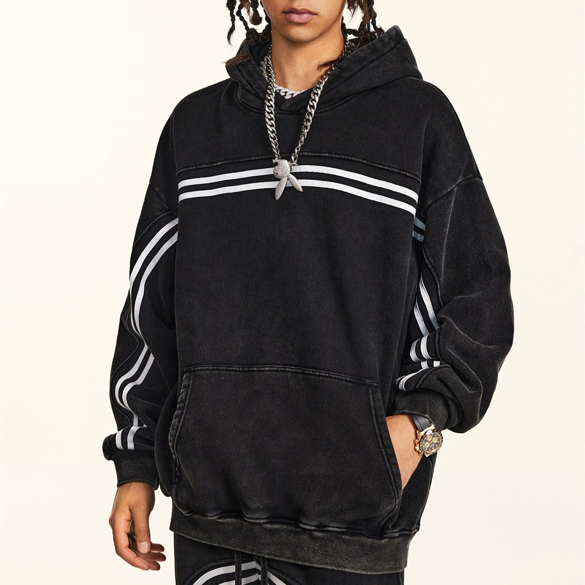 Acid Wash Thick Contrast Stitch Hoodie-INNBLAC Fashion Apparel