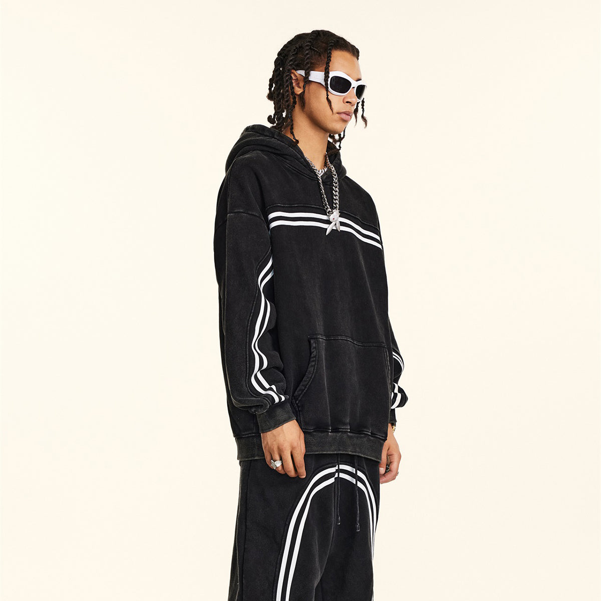 Acid Wash Thick Contrast Stitch Hoodie-INNBLAC Fashion Apparel