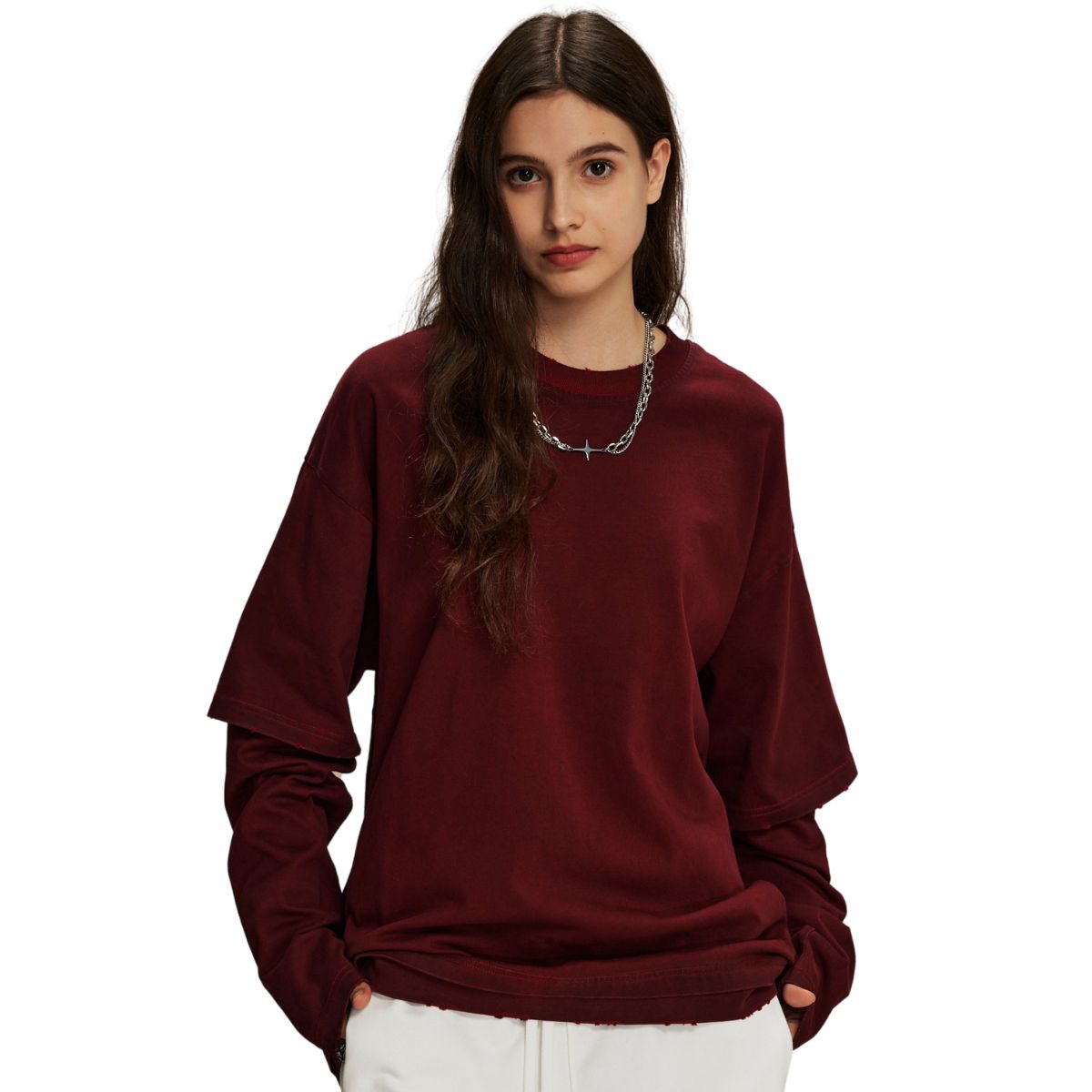 Women's Stone Wash Distressed Mock Two Piece Sweatshirt-INNBLAC Fashion Apparel