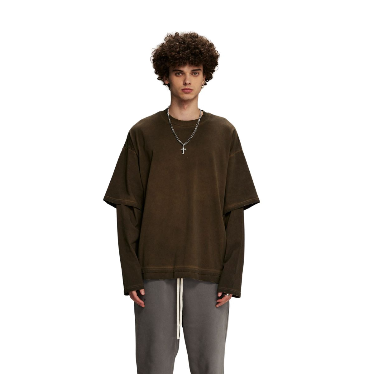 Stone Wash Distressed Mock Two Piece Sweatshirt-INNBLAC Fashion Apparel