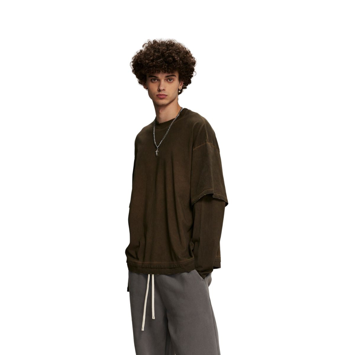 Stone Wash Distressed Mock Two Piece Sweatshirt-INNBLAC Fashion Apparel