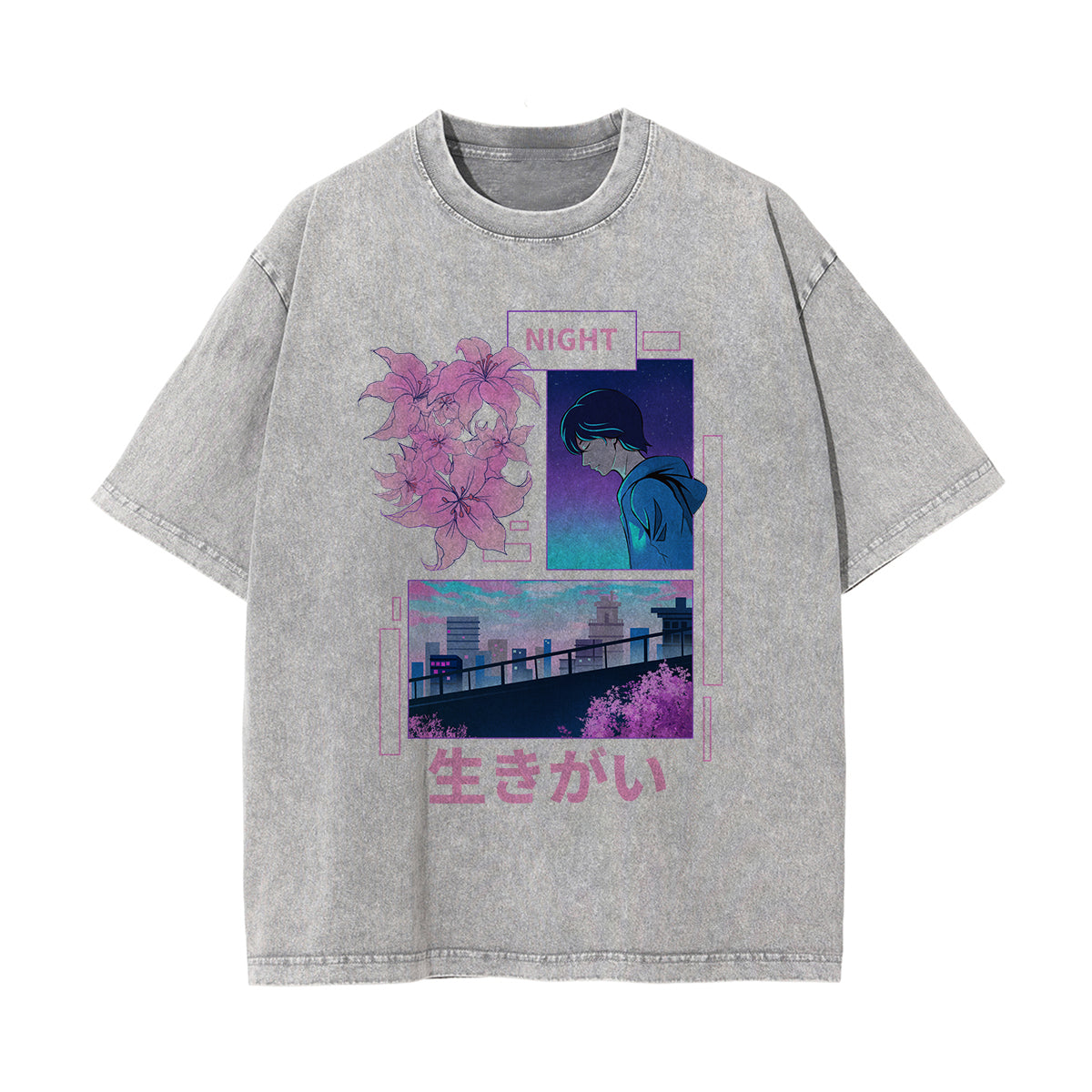 Japanese Kanji Night Graphic Washed Tee-INNBLAC Fashion Apparel