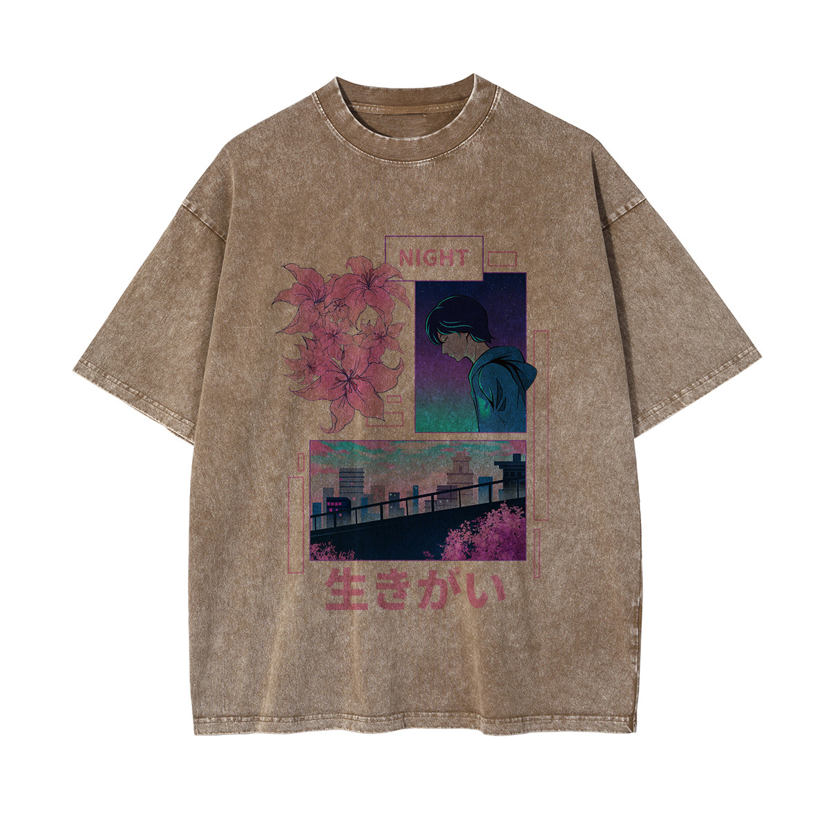 Japanese Kanji Night Graphic Washed Tee-INNBLAC Fashion Apparel