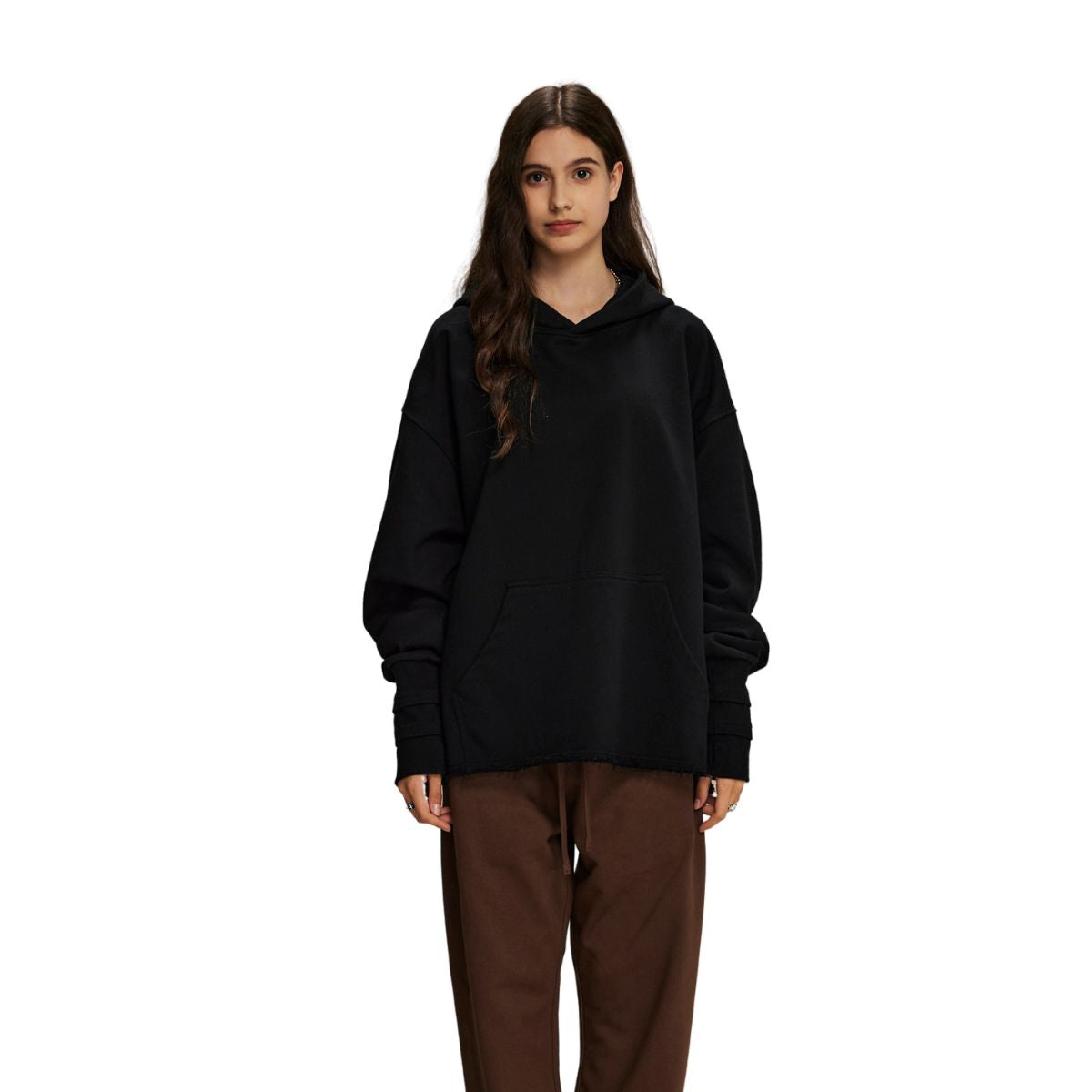 Women's Raw Edge Hem Thumb Holes Hoodie-INNBLAC Fashion Apparel