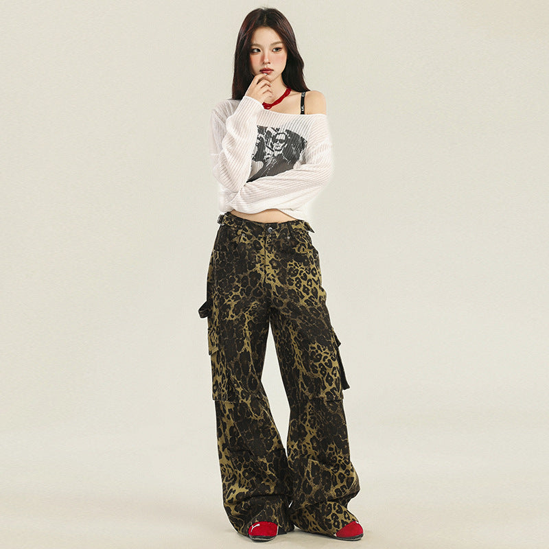Leopard Printed Straight Leg Cargo Pants-INNBLAC Fashion Apparel