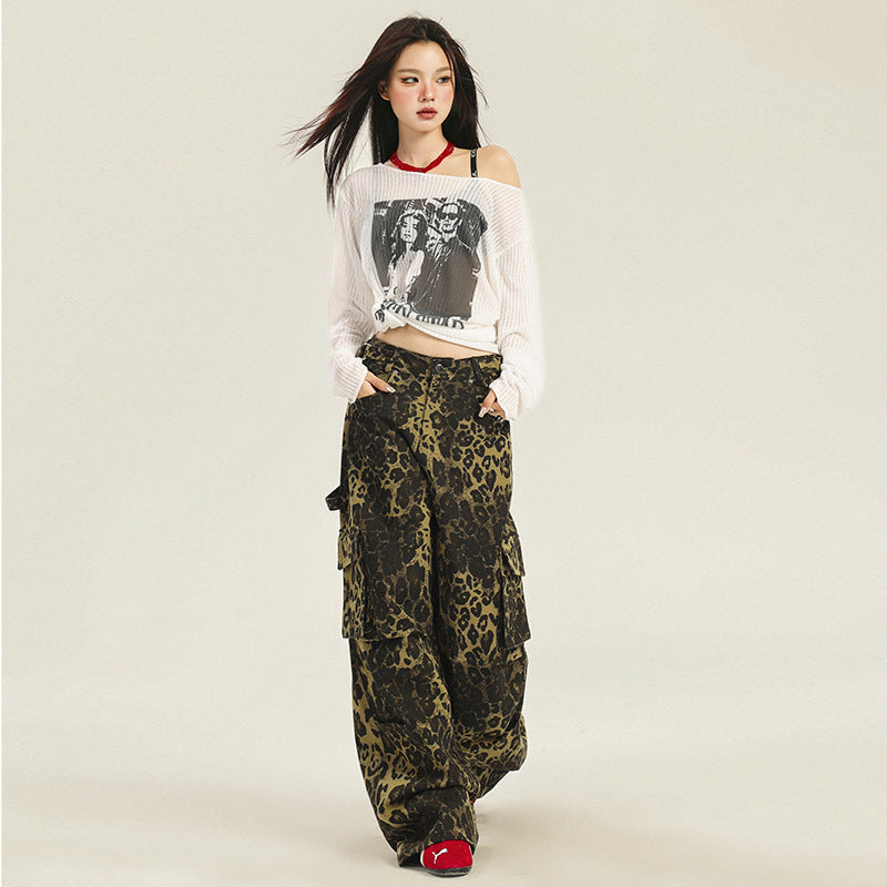 Leopard Printed Straight Leg Cargo Pants-INNBLAC Fashion Apparel