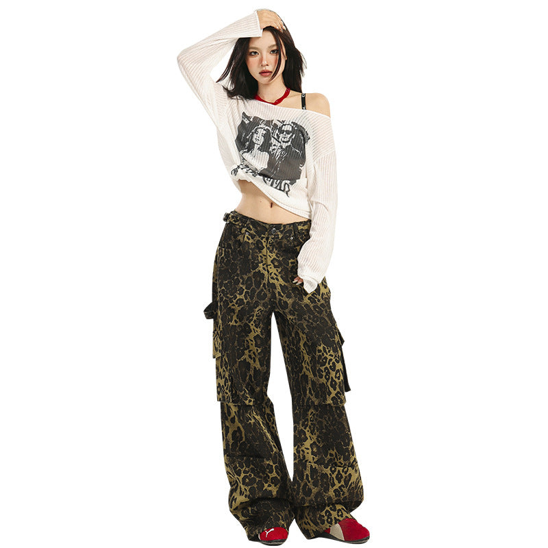 Leopard Printed Straight Leg Cargo Pants-INNBLAC Fashion Apparel