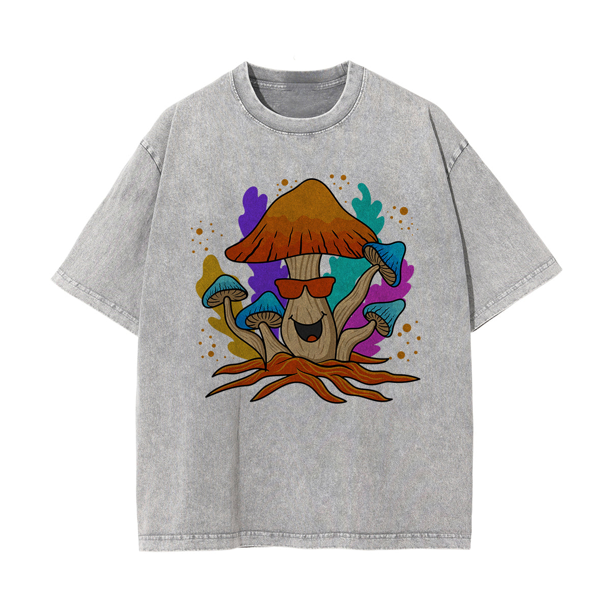 Mushroom With Glasses Washed Graphic Tee-INNBLAC Fashion Apparel