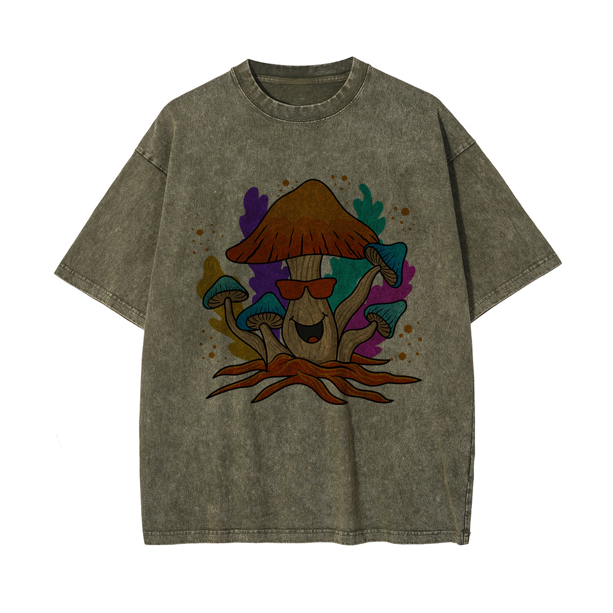 Mushroom With Glasses Washed Graphic Tee-INNBLAC Fashion Apparel