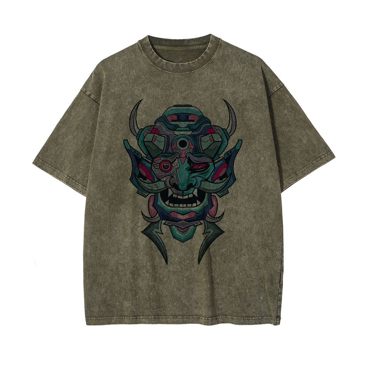 Oni Mask Mecha Graphic Washed Tee-INNBLAC Fashion Apparel