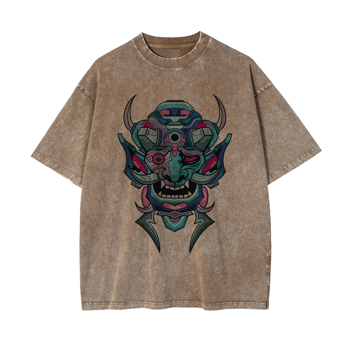 Oni Mask Mecha Graphic Washed Tee-INNBLAC Fashion Apparel