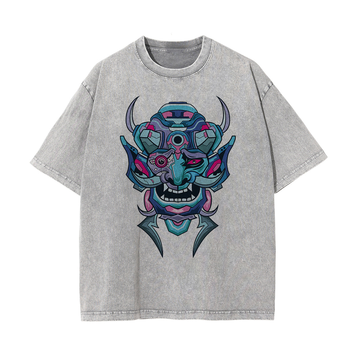 Oni Mask Mecha Graphic Washed Tee-INNBLAC Fashion Apparel