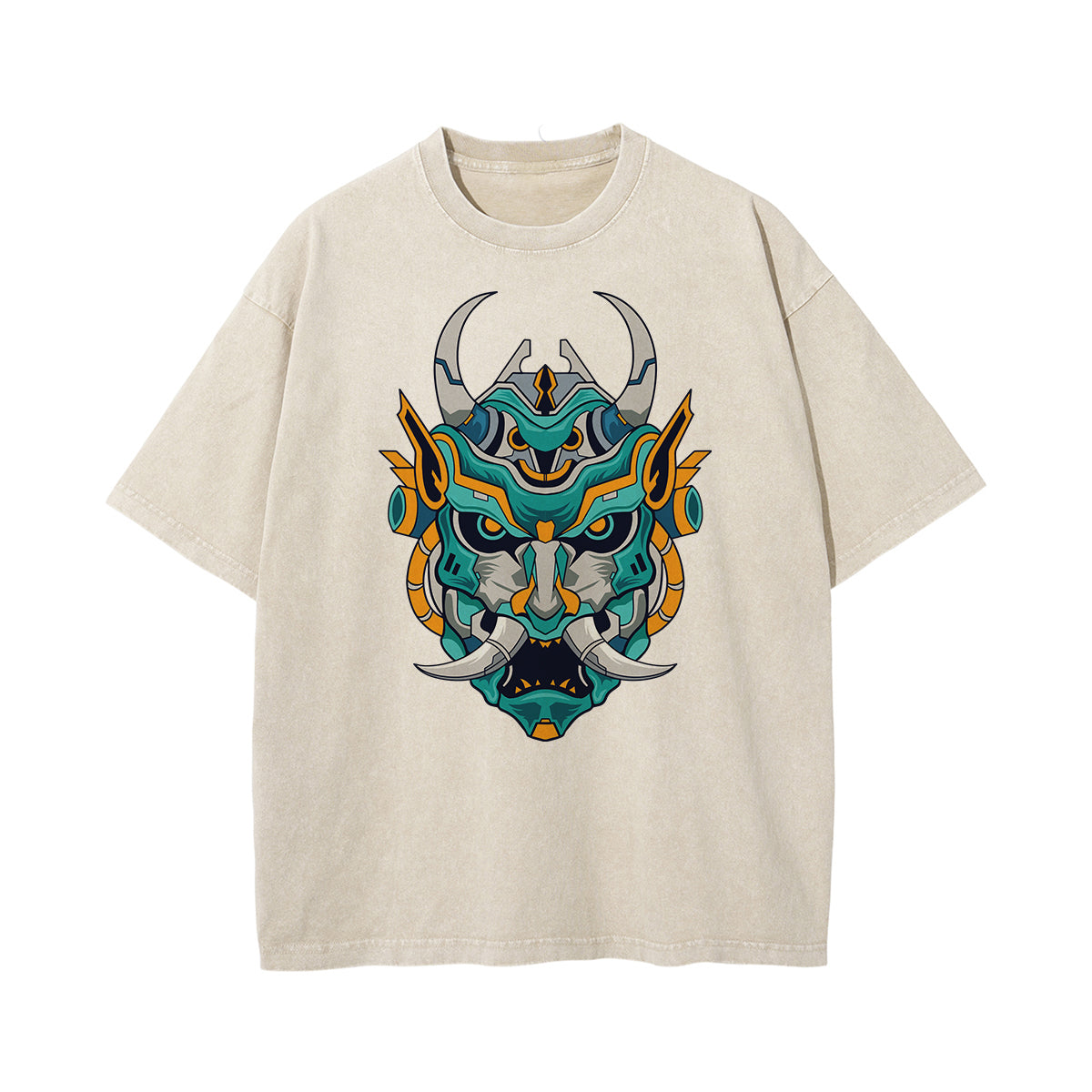 Oni Mask Mecha Washed Graphic Tee-INNBLAC Fashion Apparel