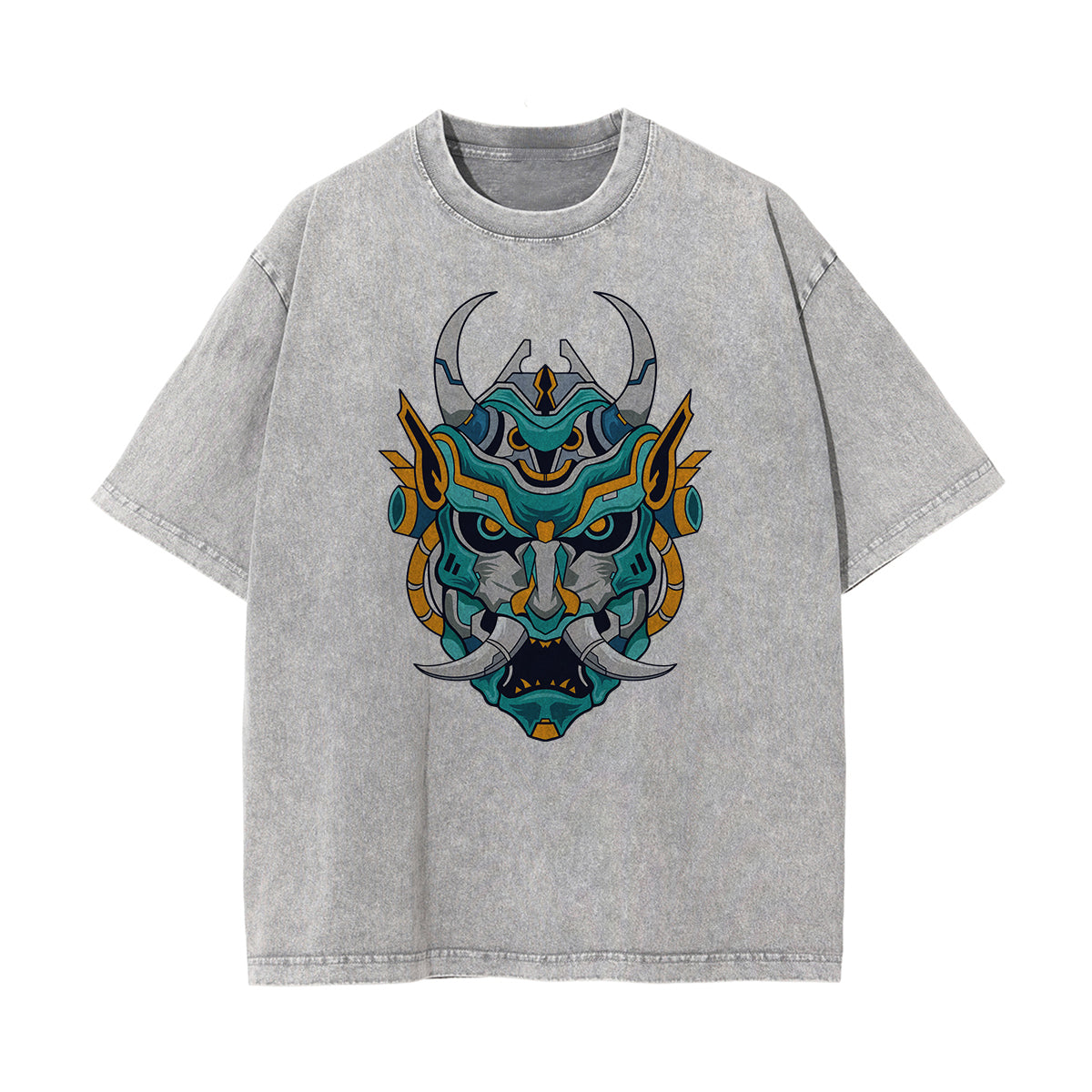 Oni Mask Mecha Washed Graphic Tee-INNBLAC Fashion Apparel