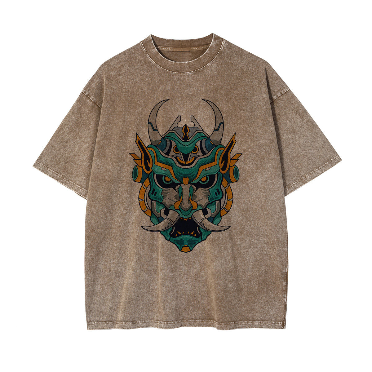 Oni Mask Mecha Washed Graphic Tee-INNBLAC Fashion Apparel