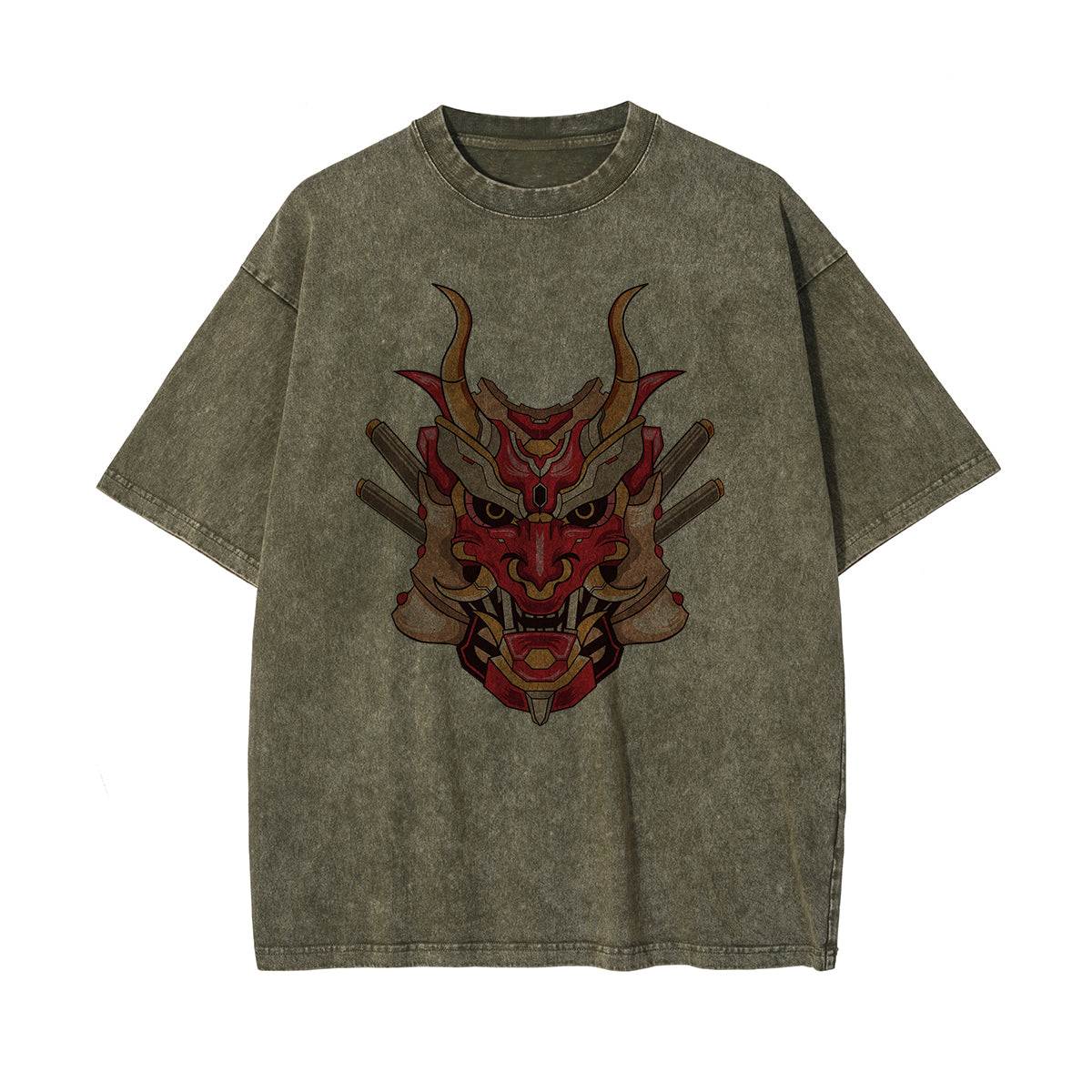 Oni Mask Mecha Washed Graphic Tee-INNBLAC Fashion Apparel