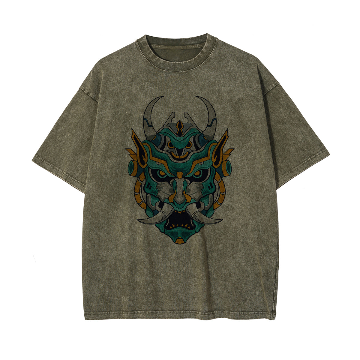 Oni Mask Mecha Washed Graphic Tee-INNBLAC Fashion Apparel