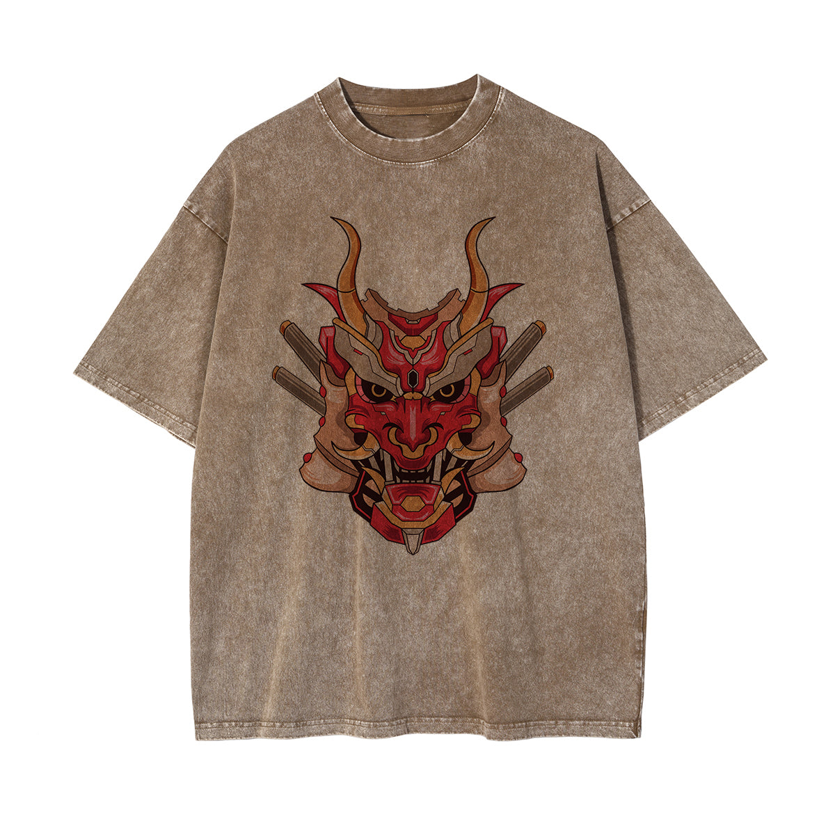 Oni Mask Mecha Washed Graphic Tee-INNBLAC Fashion Apparel