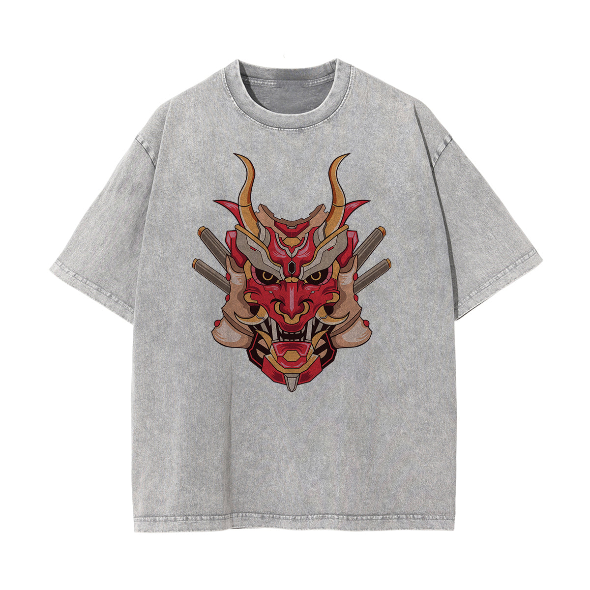 Oni Mask Mecha Washed Graphic Tee-INNBLAC Fashion Apparel