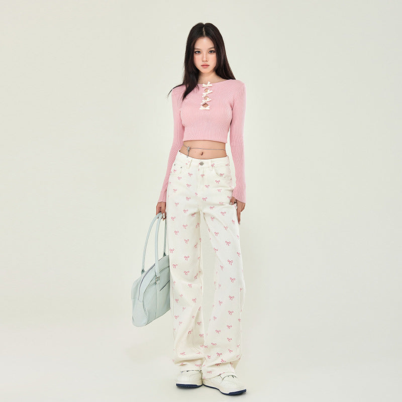 Pink Bows Graphic White Jeans-INNBLAC Fashion Apparel
