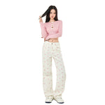 Pink Bows Graphic White Jeans-INNBLAC Fashion Apparel