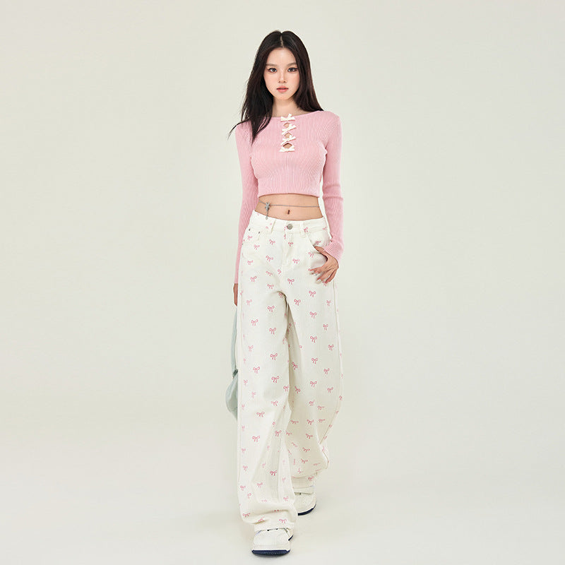 Pink Bows Graphic White Jeans-INNBLAC Fashion Apparel