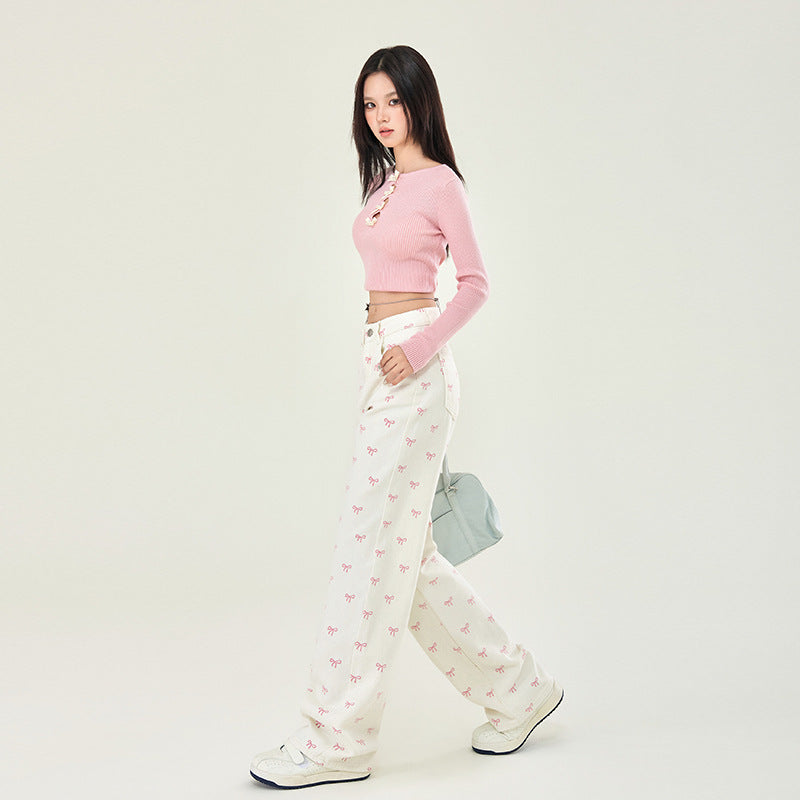 Pink Bows Graphic White Jeans-INNBLAC Fashion Apparel