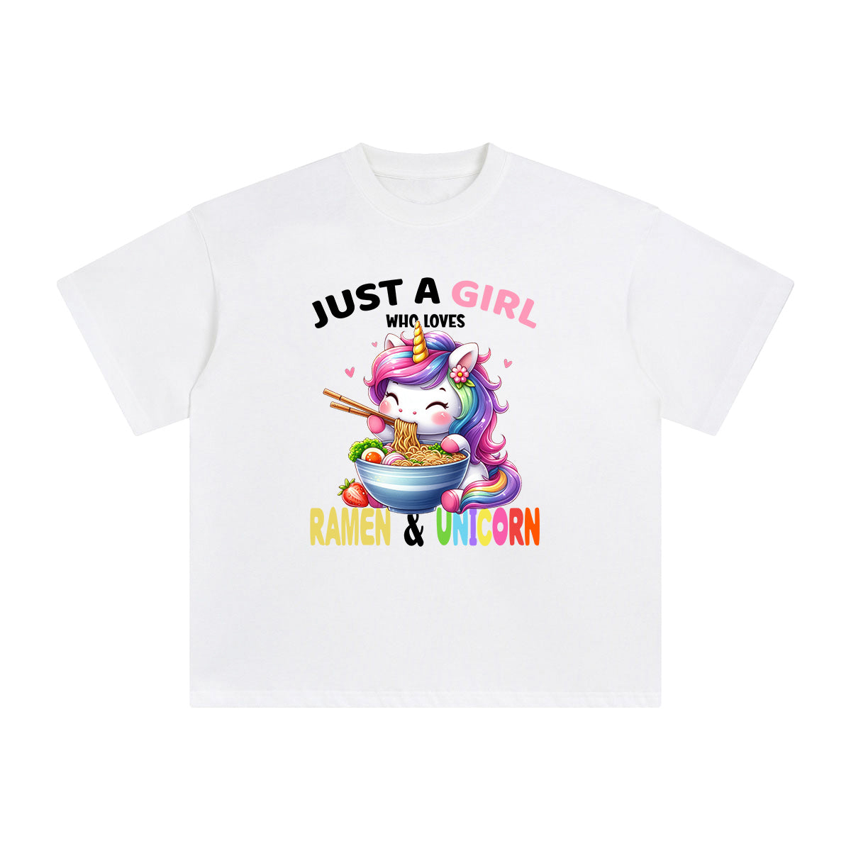 Rainbow Unicorn & Ramen Cartoon Graphic Tee-INNBLAC Fashion Apparel