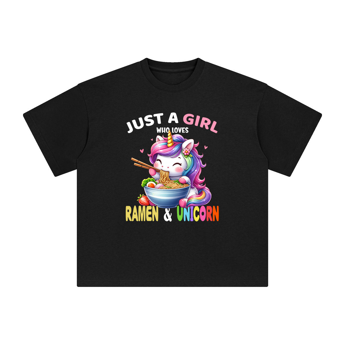 Rainbow Unicorn & Ramen Cartoon Graphic Tee-INNBLAC Fashion Apparel