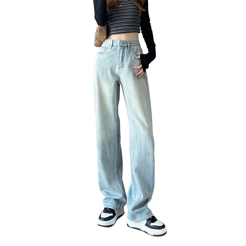 Rhinestone Faded Baggy Jeans-INNBLAC Fashion Apparel