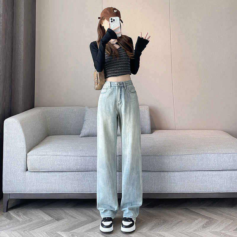 Rhinestone Faded Baggy Jeans-INNBLAC Fashion Apparel