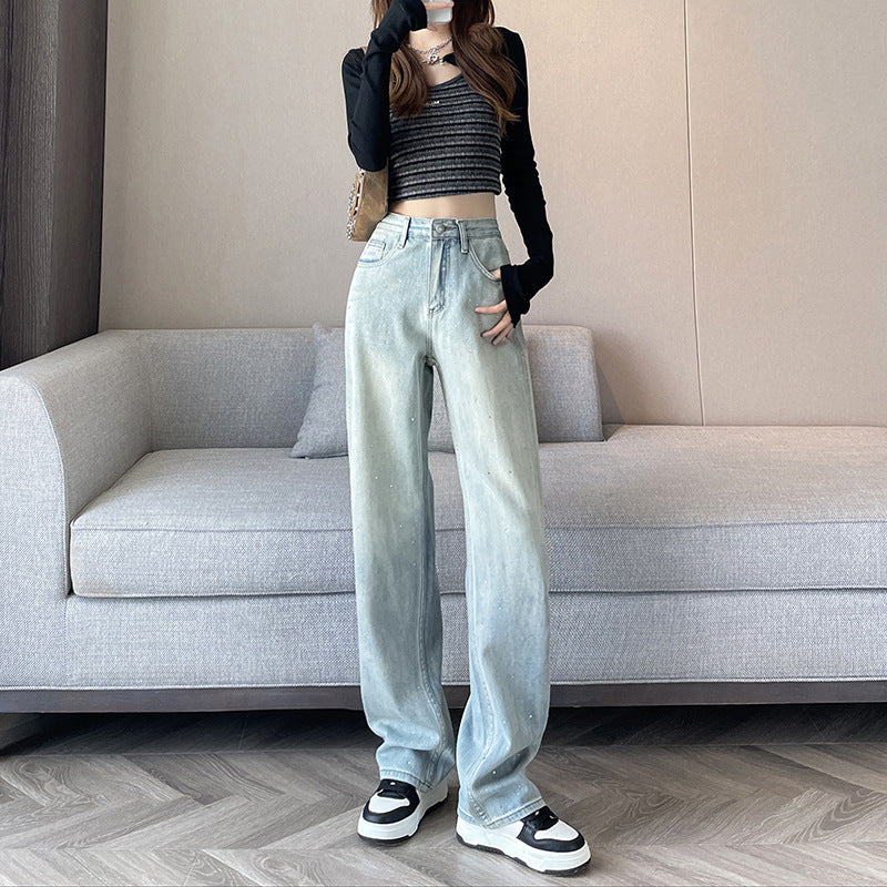 Rhinestone Faded Baggy Jeans-INNBLAC Fashion Apparel