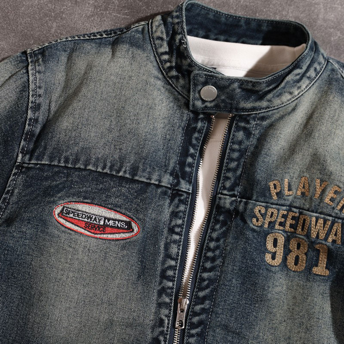 Stand Collar Zip Up Denim Jacket-INNBLAC Fashion Apparel