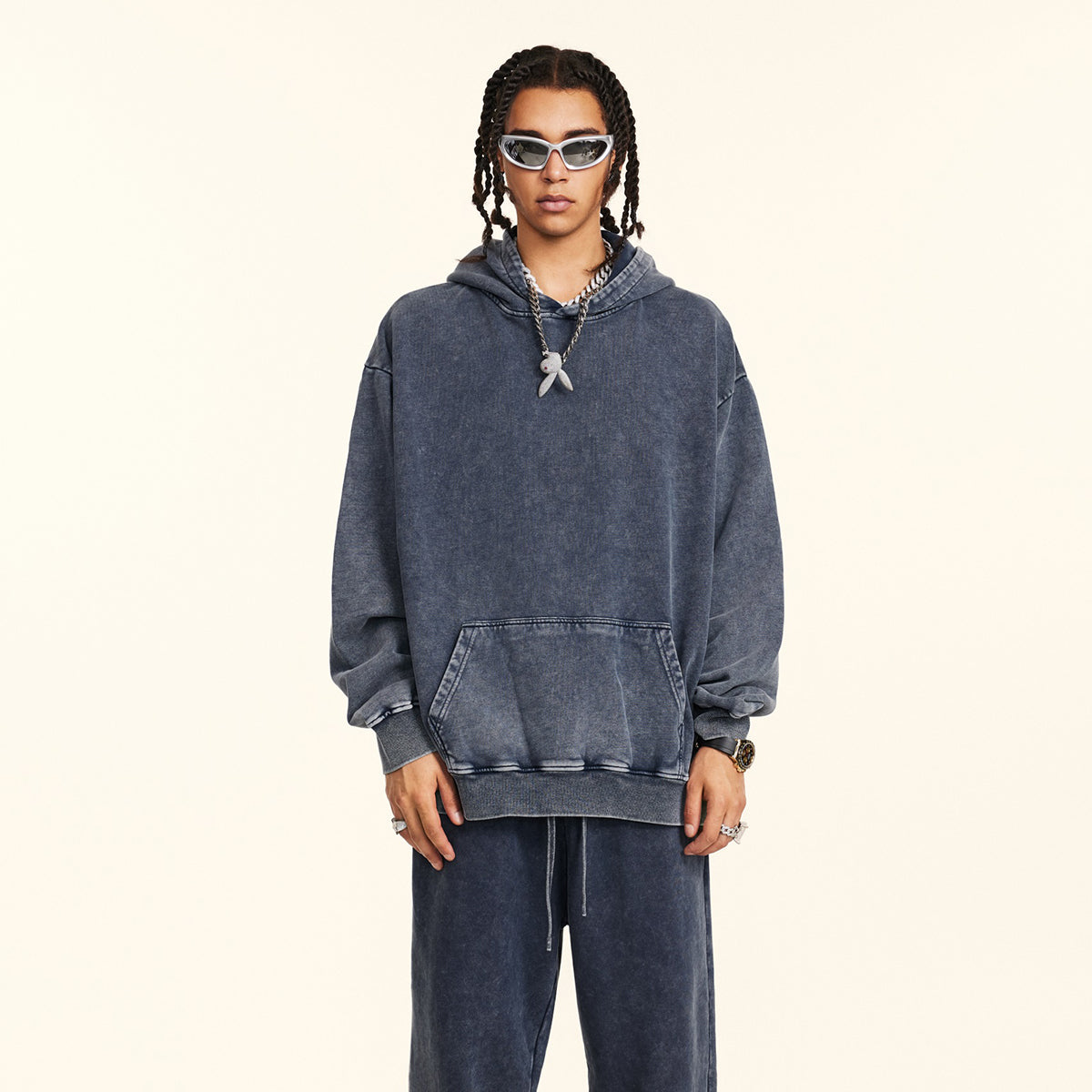 Stone Wash Kangaroo Pocket Hoodie-INNBLAC Fashion Apparel