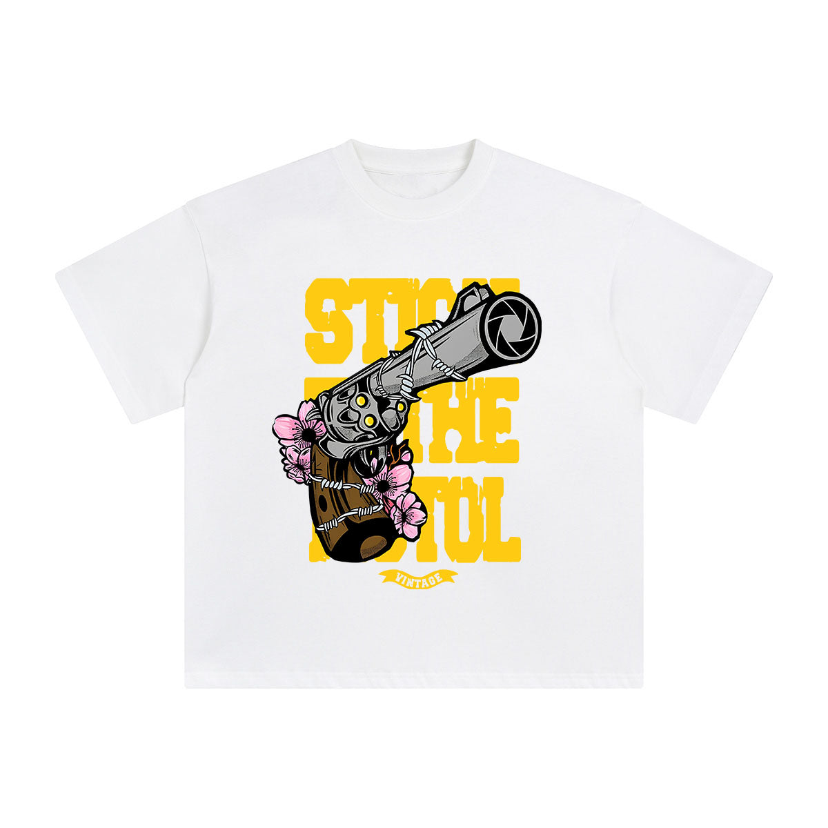 Vintage Pistol & Blossom Graphic Tee-INNBLAC Fashion Apparel