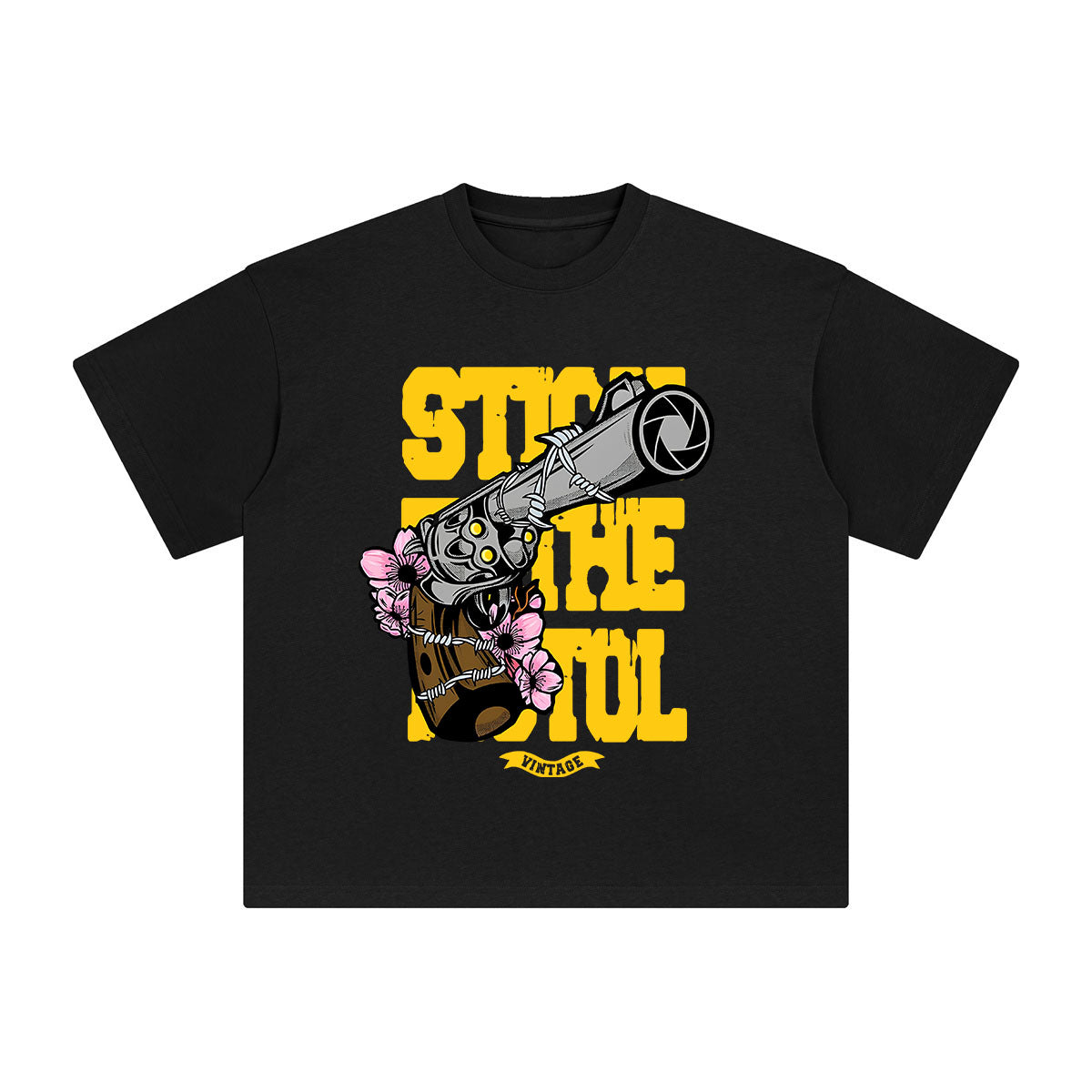 Vintage Pistol & Blossom Graphic Tee-INNBLAC Fashion Apparel