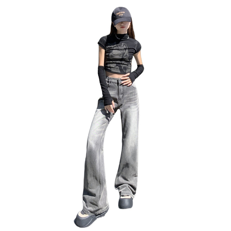 Women's Gray Faded Flare Jeans-INNBLAC Fashion Apparel