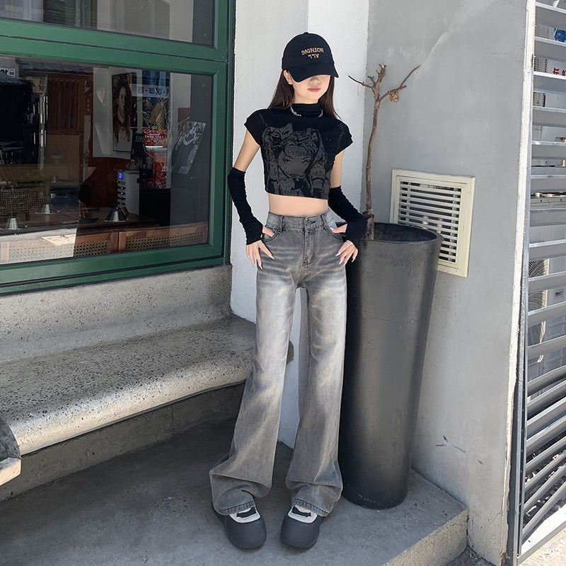 Women's Gray Faded Flare Jeans-INNBLAC Fashion Apparel
