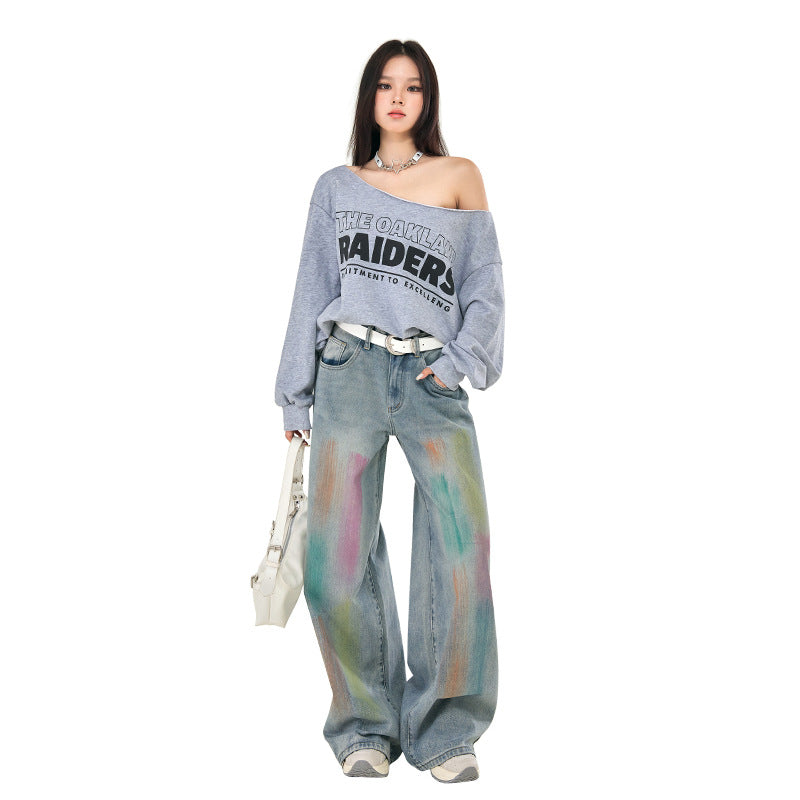 Y2K Brush Print Straight Leg Jeans-INNBLAC Fashion Apparel