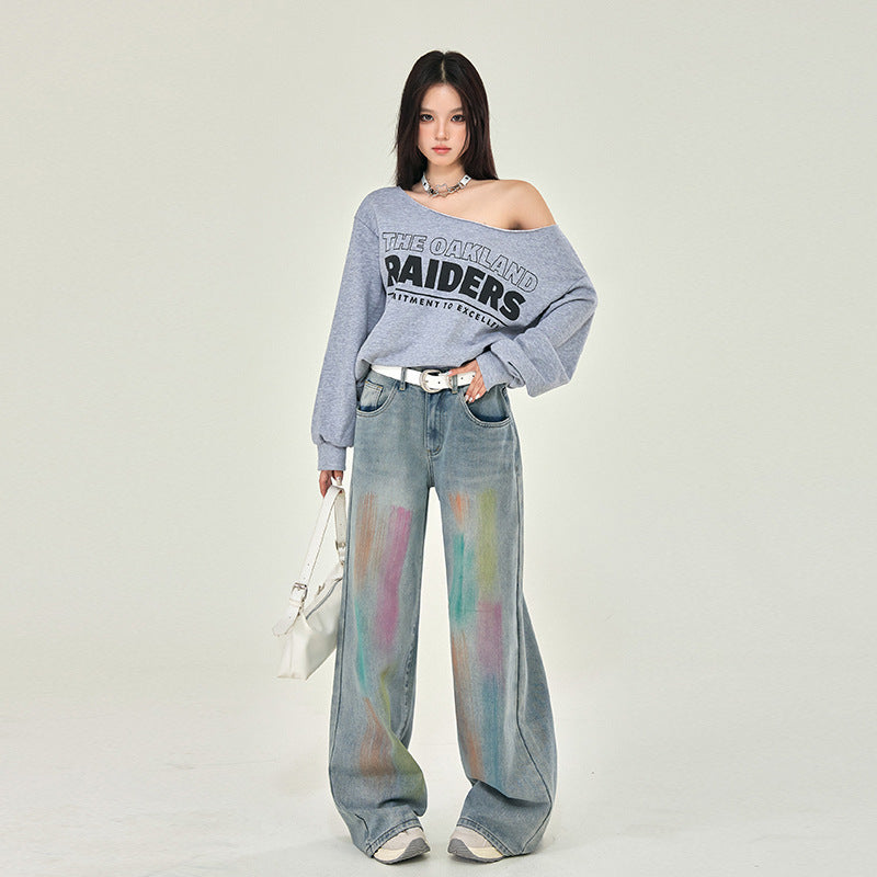 Y2K Brush Print Straight Leg Jeans-INNBLAC Fashion Apparel