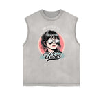 Camiseta sin mangas con gráficos de estilo asiático con bordes deshilachados