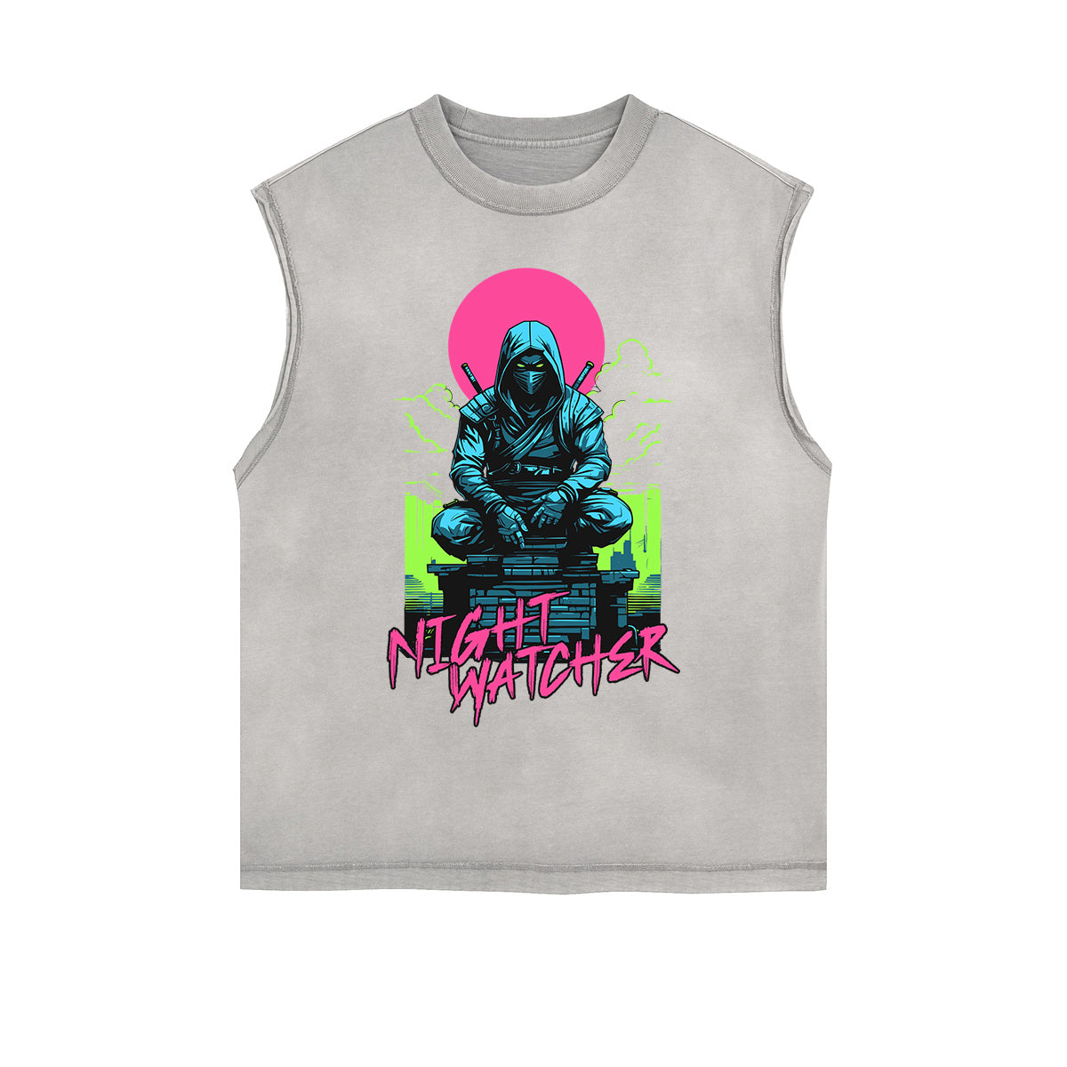 Camiseta sin mangas con gráficos de estilo asiático con bordes deshilachados