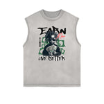 Camiseta sin mangas con tótem africano y bordes deshilachados