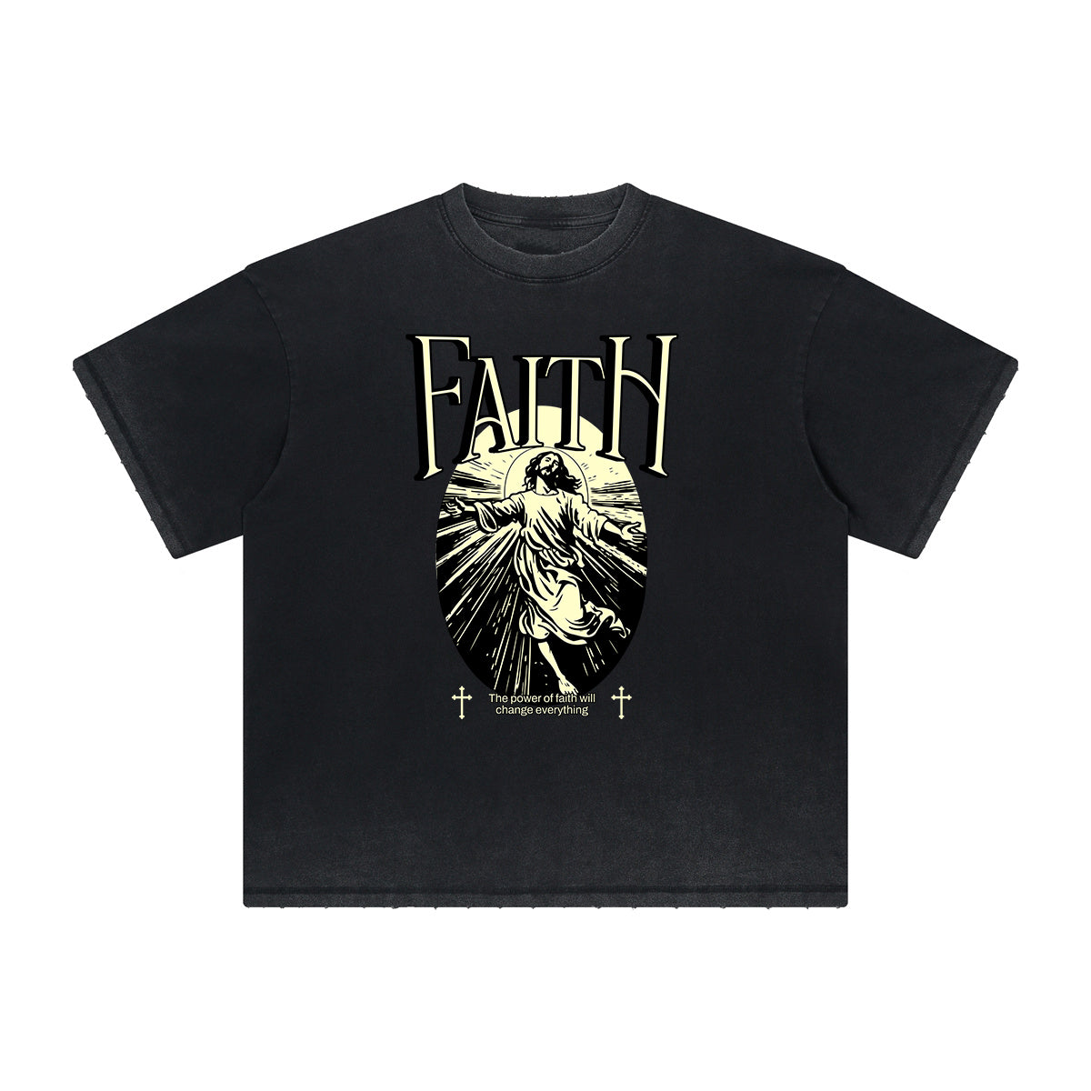 Camiseta vintage con estampado de dioses y fe deshilachados
