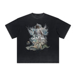 Camiseta vintage con estampado de dioses y fe deshilachados