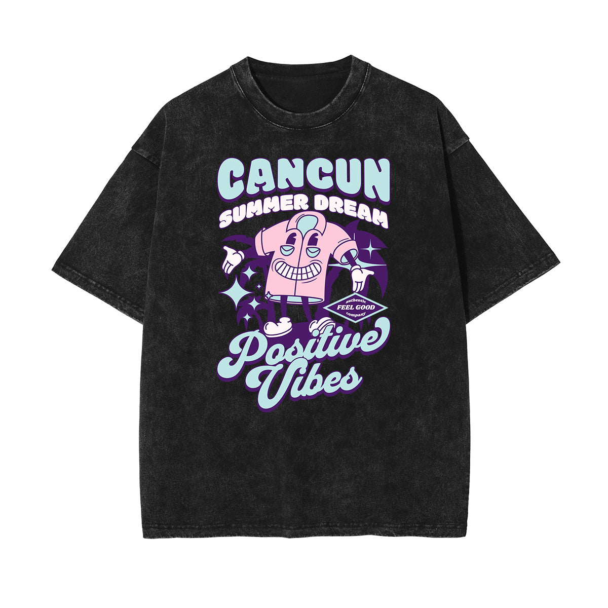 Camiseta con estampado de dibujos animados divertidos con lavado a la piedra