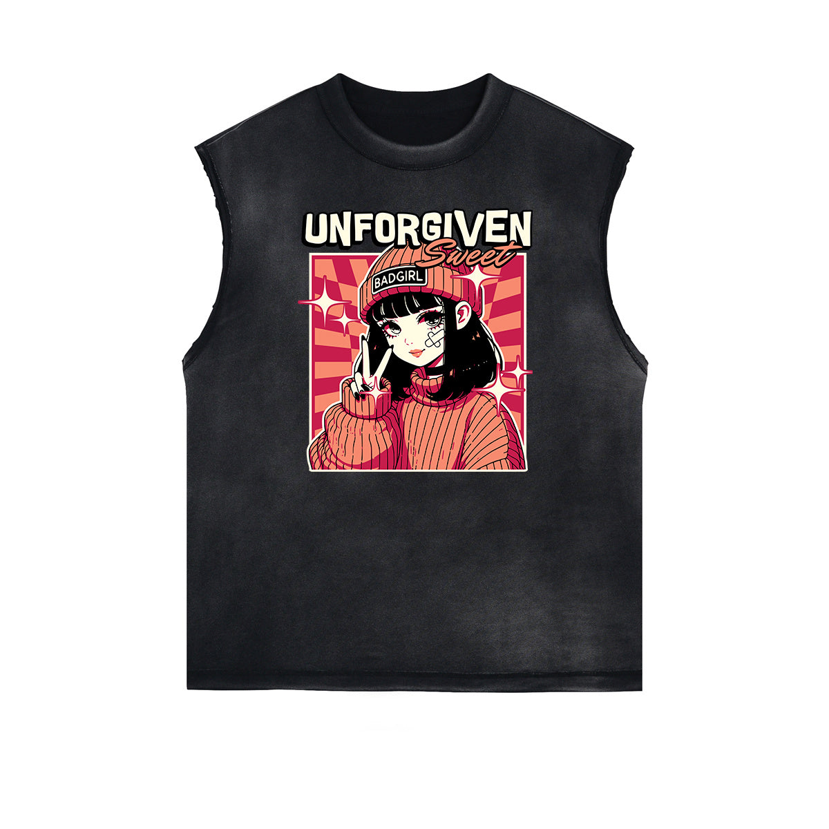 Camiseta sin mangas desgastada con estampado de dibujos animados divertidos