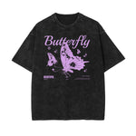 Camiseta de algodón lavada con gráfico de mariposa