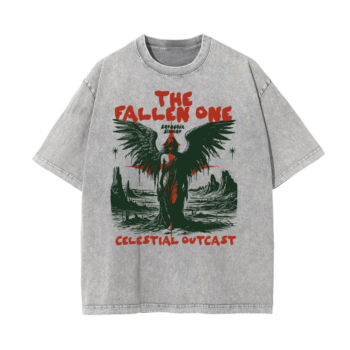Stone Wash Fallen Angel Pattern T Shirt