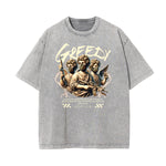 Stone Wash Fallen Angel Pattern T Shirt